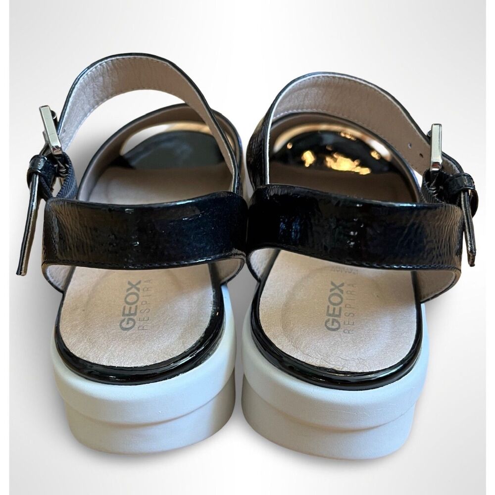GEOX Wimbley Women's 8 Sandals Black Patent Leather Buckle White Rubber Sole - Picture 5 of 7